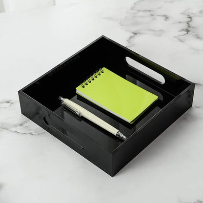 Black Sturdy Acrylic Tray with Handles-8x8 Inch- Countertop Organizer Tray for Kitchen,Bathroom,Office- Storage Box for Cosmetics, Jewelry,Toiletries,Toy,Gadgets