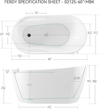 FerdY Lana'i 60" Freestanding Bathtub, Gracefully Shaped Freestanding Soaking tub, cUPC Certified, Matte Black Drain Assembly Included
