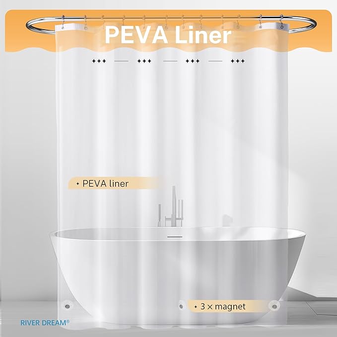 River Dream 3 in 1 Shower Curtain Set, Stall Waffle Fabric Shower Curtain and Waterproof Clear Liner Set with Double Sided Metal Hooks, Black, 36" W*72" H