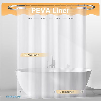 River Dream 3 in 1 Shower Curtain Set, Waffle Fabric Shower Curtain and Waterproof Clear Liner Set with Double Sided Metal Hooks, Black, 72" W*72" H