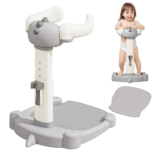 Baby Shower Stand, Baby Standing Bath with Anti-Pinch Adjustable Height and Armrest, Shower Standing Support with Anti-Slip Base and Mat for Infants 6-36 Months -Grey