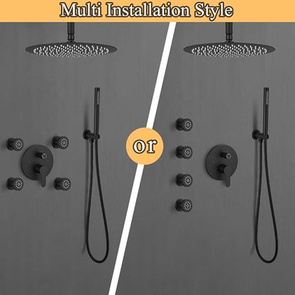 Matte Black Round Shower Faucet Set with Body Jets 12 Inch Shower Head Handheld Shower Combo Set High Pressure Ceiling Mount with Rough-in Valve