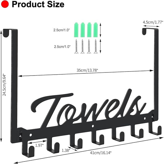 2 Pack Over The Door Hooks, Towel Rack for Bathroom Towel Holder for Hanging Heavy Duty, Over Door Towel Hanger with 14 Coat Hooks for Bedroom Bathroom Kitchen Towels, Bags, Hats - Black
