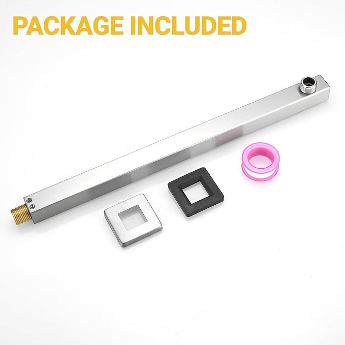 BESy 14 Inches Straight Extended Shower Arm With Flange, Rain Shower Head Extension Arms, Square Shower Rod Shower Head Extender Arm Shower Pipe Extension, Wall-Mounted Brushed Nickel Stainless Steel