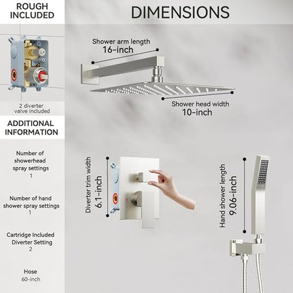 Shower Faucet Set Brushed Nickel Shower System, Starbath 10 Inch Rain Shower Head and Handheld Spray Shower Set Complete Wall Mounted,2 Way Pressure Balance Shower Valve and Trim Kit Included