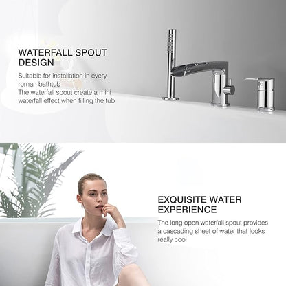TapLong Waterfall Roman Tub Faucet with Hand Shower, Widespread Deck Mount Bathtub Faucet with Sprayer, Single-Handle 3-Holes Bathtub Shower Faucet Set in Chrome, 03119CH