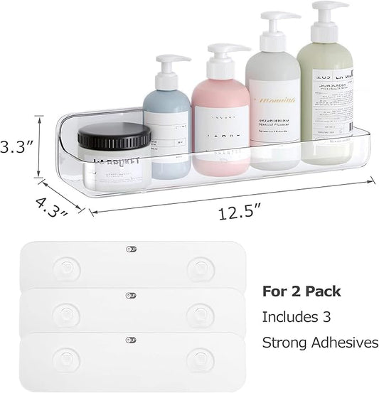 UDD Acrylic Clear Shower Caddy Adhesive Shelf, 2pc Plastic Shower Organizer with Self Adhesive Tape, No Drilling Wall Mount Shower Shelves for Bathroom Kitchen, Transparent