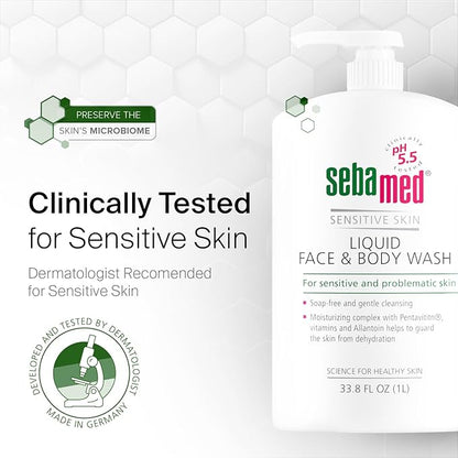 SEBAMED Sensitive Skin Face and Body Wash for Men and Women, pH 5.5, Mild Gentle Hydrating Cleanser, Hypoallergenic Body Wash, Dermatologist Recommended, 33.8 Fluid Ounces (1 Liter)
