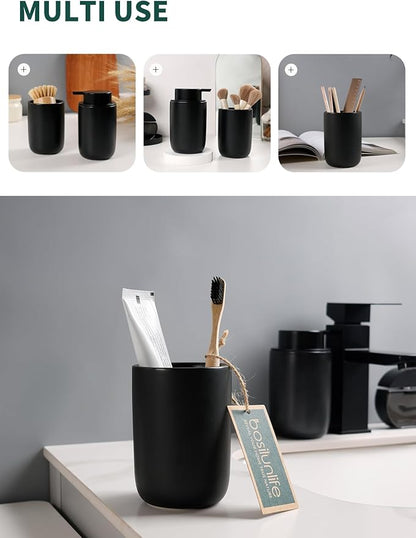 Bosilunlife Soap Dispenser and Toothbrush Holder Set - 11Oz Foam Soap Dispenser Pump Ceramic Bathroom Counter Soap Toothbrush Holder Set Black Bathroom Accessories Set