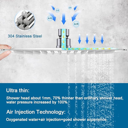 POP SANITARYWARE 12 Inch Shower Head with Adjustable Extension Arm, Stainless Steel Rainfall Showerhead with Shower Arm Extender, Waterfall fixed Showerheads, Chrome