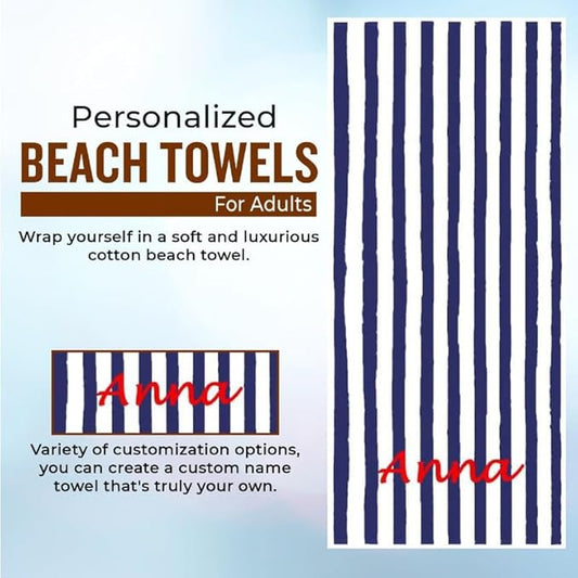 Personalized Passion Beach Towels for Adults - Custom Pool Towels with Name - Highly Absorbent Cotton - Striped Design for Women & Men - Large 70x30 Bath Sheet for Hotel, Swim & Camping - Navy