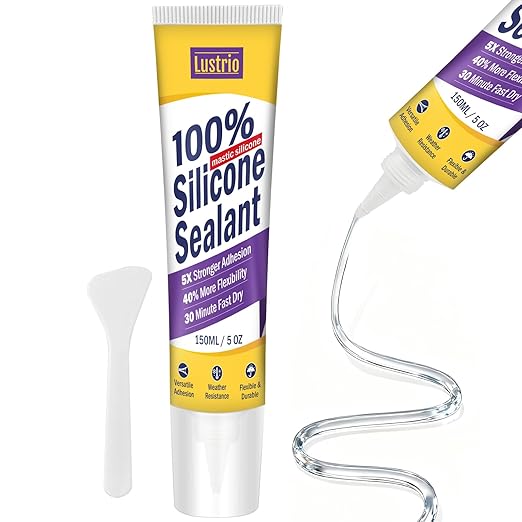 High-Strength Silicone Sealant & Adhesive - 100% Waterproof, Flexible Caulk for Kitchen, Bathroom, Shower, Window, Auto - Creates Durable, Shrink & Crack Resistant Seal 5 Oz. Tube. (Clear)
