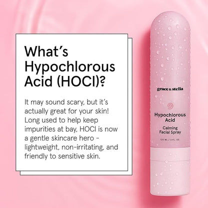 grace & stella Hypochlorous Acid Spray for Face - Body Acne Spray - Gentle Face Mist to Calm Redness & Flare-Ups Back Acne - Soothing Facial Mist for Sensitive Skin - Travel Size (60 ml/2 fl oz)
