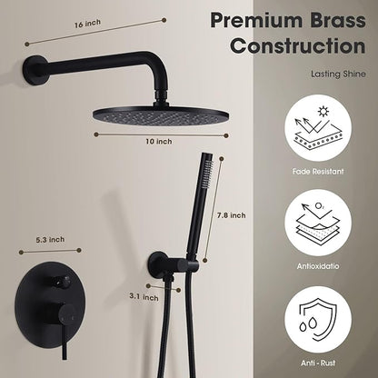 TRUSTMI Matte Black Shower System Wall Mounted Pressure Balance 10-Inch Rainfall Shower Set with Brass Rough-In Diverter Valve and Trim Kit