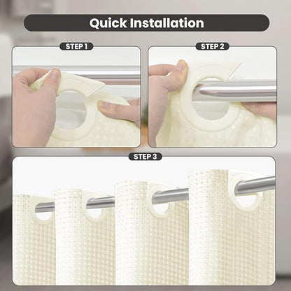 Inhousolu No Hook Waffle Weave Shower Curtain with Removable Snap in Fabric Liner Set for Bathroom, 230 GSM Heavy Duty Weighted Hem, Water Repellent Washable Bath Curtains, 72 x 84 Inch, Ivory