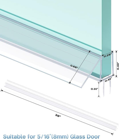 Shower Door Bottom Seal Strip, 2PCS Seal Strip, Ultra Clear PVC, 39" Length, Fits 8mm Thick Glass, Prevents Leaks, Easy Installation, No Adhesive Required (Ultra Clear, 39in for 5/16"(8mm) Door)
