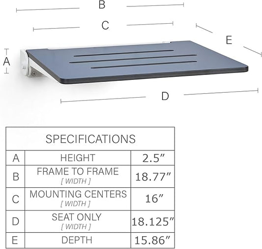 18 inch Silhouette Slimline Folding Wall Mount Shower Bench Seat, Navy Seat with White Frame