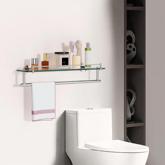 20-Inch Floating Tempered Glass Bathroom Shelf with Towel Bar - Chrome Polished & Stainless Steel, Wall Mount