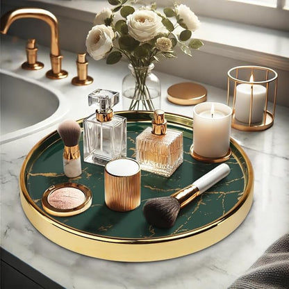 Makeup Perfume Organizer Round Bathroom Vanity Tray Decorative Dresser Tray Countertop Organizer Tray for Cosmetics,Green