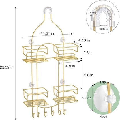 SRIWATANA Shower Caddy Hanging, Bathroom Organizer, No Drilling Shelves Over Shower Head, Bath Rack Holder with Hooks for Razors and Sponge - Gold