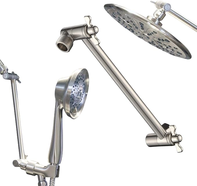 11 Inch Shower Head Extension Arm Brushed Nickel. Solid Brass Adjustable Shower Arm Extension.Lower Or Raise Any Rain Or Handheld Showerhead To Your Height & Angle – Universal Connection