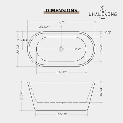 67 inch Freestanding Soaking Bathtub, Modern Stand Alone Free Standing Acrylic Tub with Center Drain & Overflow, Glossy White