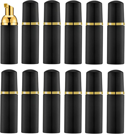 2 Oz Empty Foam Pump Bottle (12PCS) Travel Foaming Soap Dispenser for Hand Soap, Lash Shampoo Cleanser(Black&Gold Pump&Black Cap)