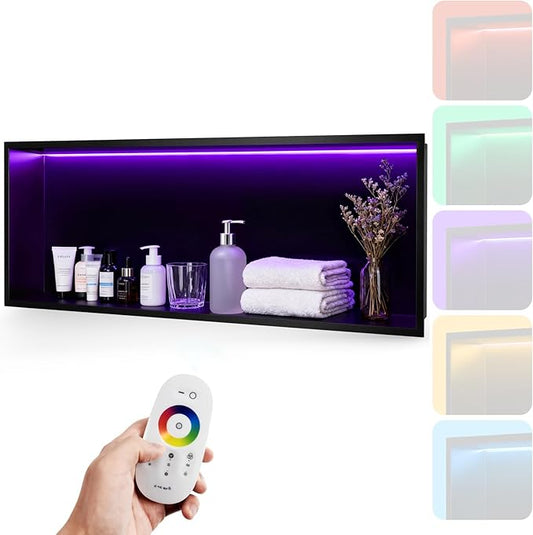 36" X 12" RGB LED Shower Niche No Tile Needed, 304 Stainless Steel Shower Niche Insert Tile Ready, Recessed Wall Shelf for Bathroom Storage Organizer with Remote Control, Matte Black