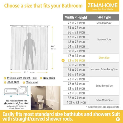 Short Size PEVA Plastic Shower Curtain Liner Premium Light Weight 72" x 66" Clear Bathroom Shower Showroom Curtain Liner with Rustproof Metal Gromments and Weighted Magnet