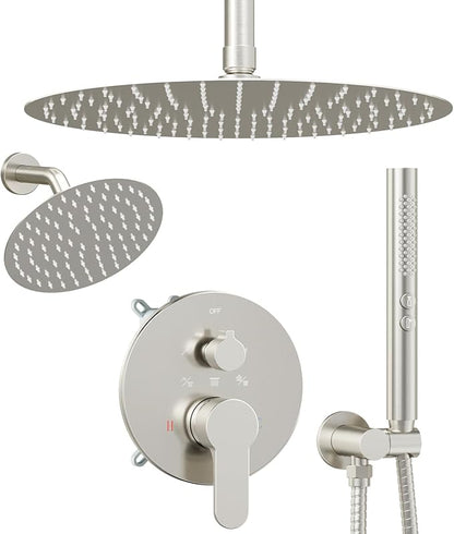 Shower Systems Shower Faucet Sets STARBATH 3 Way 12+6" Round Dual Rainfall Shower Head with Handheld Spray, Ceiling Mounted Rain Shower Valve with 5 Diverter and Trim Kit Complete, Brushed Nickel