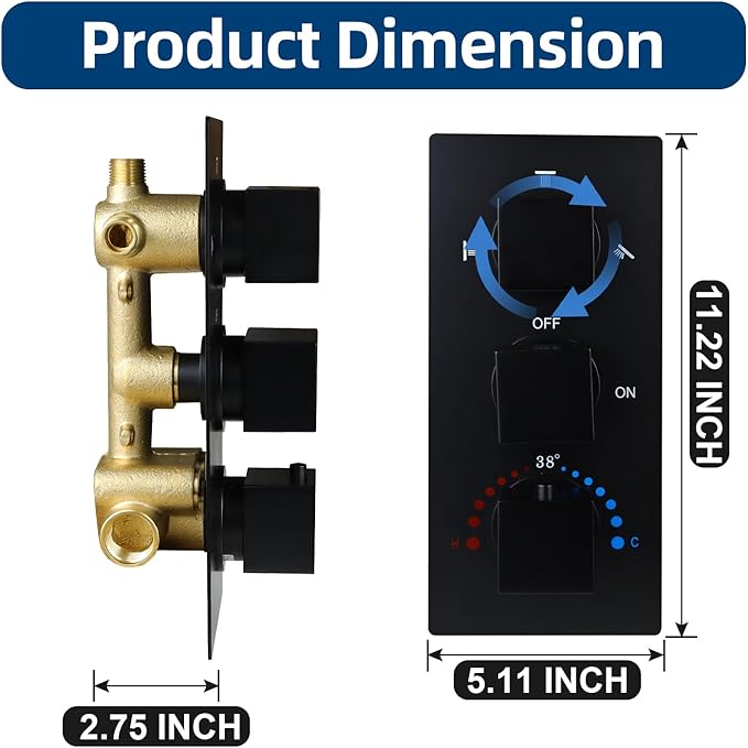 HOMEDEC Brass 3 Way Shower Diverter Valve, Thermostatic 3 Handle Control Shower Mixing Valve Trim Kit Replacement, Rough In, Black