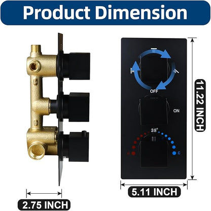 HOMEDEC Brass 3 Way Shower Diverter Valve, Thermostatic 3 Handle Control Shower Mixing Valve Trim Kit Replacement, Rough In, Black