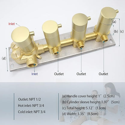 HOMEDEC 3 Function Shower Mixing Valve and Trim Kit, Brushed Gold 3 Ways Thermostatic Valve Flow Volume Control Vertical Shower Diverter Selector
