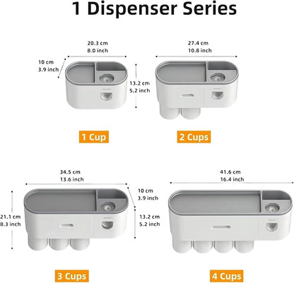 No-Drill Wall Mounted Toothbrush Holder, Bathroom Shelf, with Automatic Toothpaste Dispensers 4 Brush Hooks1 Magnetic Cups 1 Cosmetic Drawer Organizer and Large Storage (1 Dispenser 1 Cup)