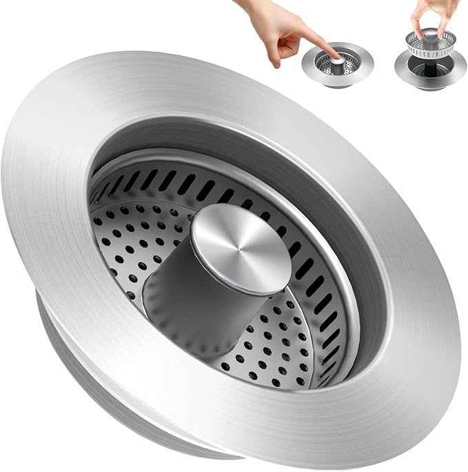 3 in 1 Kitchen Sink Drain Strainer Sink Stopper, Stainless Steel Sink Drain Strainer with Anti-Clogging Basket, Kitchen Sink Drain Filter Plug for US Standard 3-1/2 Inch Drain (1Pack)