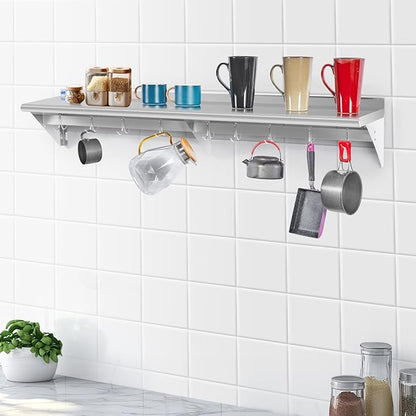 Hally Stainless Steel Shelf with 6 Hooks 14" x 48" Wall Mounted Pot Rack 350lb, NSF Commercial Floating Shelving for Storage Hanging Pots, Pans, cookware in Restaurant, Kitchen, Home and Hotel