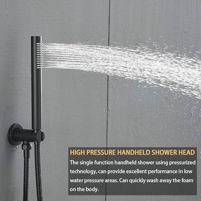 Matte Black Round Shower Faucet Set with Body Jets 16 Inch Shower Head Handheld Shower Combo Set High Pressure Ceiling Mount with Rough-in Valve