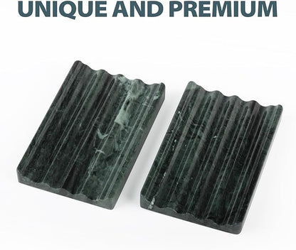 2 Pcs Soap Holder for Bathroom, Marble Soap Dish for Kitchen Countertop, Green Soaps Tray with Creative Wavy Design, Soaps Saver for Bath Tub, Sponges, Indian Natural Stone