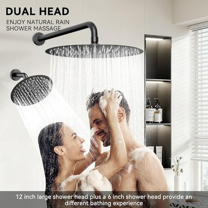 Shower Systems STARBATH 12+6" Round Dual Rainfall Shower Head with Handheld Spray for Two People, Wall Mounted 3 Way Rain Shower Faucet Sets Complete, Included Valve and Trim Kit, Matte Black