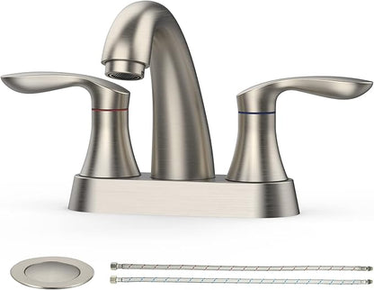 Bathroom Faucet, 4 Inch Bathroom Faucets for Sink 3 Hole, Centerset Bathroom Sink Faucet with Pop Up Drain and cUPC Lead-Free Hose(Brushed Nickel)