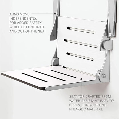 Seachrome Silhouette Comfort Folding Shower Bench Seat with Arms, Grey Seat with Matte Black Frame (SHAFAR-185155-PGS-S-MB-BK)