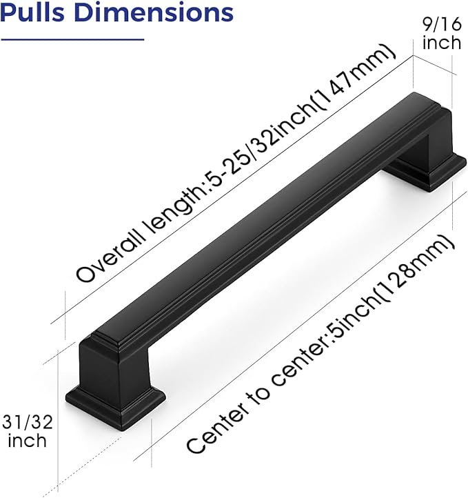 Ravinte Hardware 1 Pack Matte Black Cabinet Pulls, 5 Inch (128mm) Hole Center Zinc Alloy Drawer Handles for Kitchen Cabinets, Cupboards, Dressers, Square Solid Metal Hardware