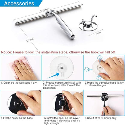 Quntis Silicone Shower Squeegee with Stainless Steel Handle, Window Cleaning Squeegee for Bathroom Window Kitchen Car Household with Professional Wall Mount