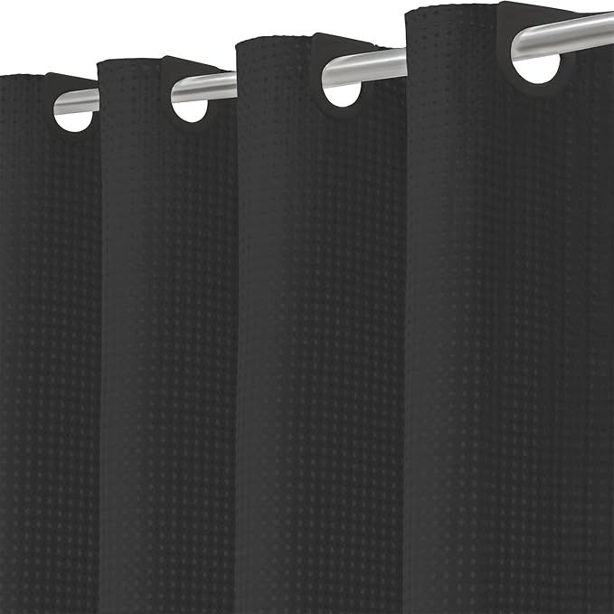 Inhousolu No Hook Waffle Weave Shower Curtain with Removable Snap in Fabric Liner Set for Bathroom, 230 GSM Heavy Duty Weighted Hem, Water Repellent Washable Bath Curtains, 72 x 78 Inch, Black