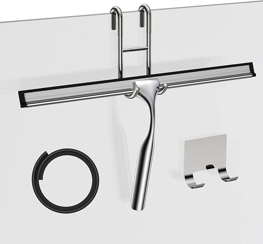Shower Squeegee Set, Include Shower Door Hook, Adhesive Hook and Spare Silicone Blade, Window Squeegee for Shower Glass Door, Bathroom, Mirror, Window Car Glass 14Inches Silver