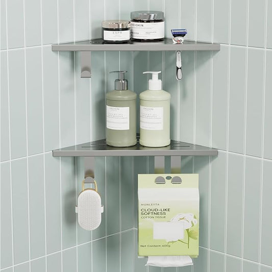 10’’ Shower Corner Shelf, Stainless Steel Shower Shelves with Razor Hole for Bathroom, Grout in Corner Shelf with Hooks for Tiled Wall 2 Pack, Brushed Nickel