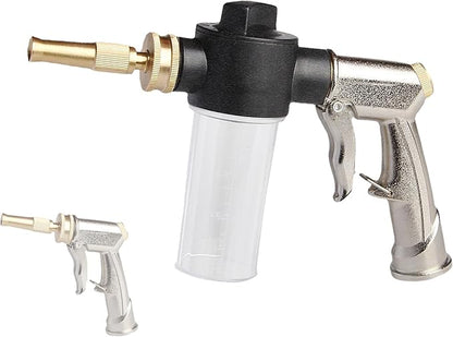 Garden Hose Nozzle Sprayer with 3.5oz Plastic Soap Dispenser Bottle, Heavy Duty High Pressure Car Wash Foam Gun, Adjustable Nozzle for Gardening, Solar Panel Cleaning, Pet Showering (Silver)