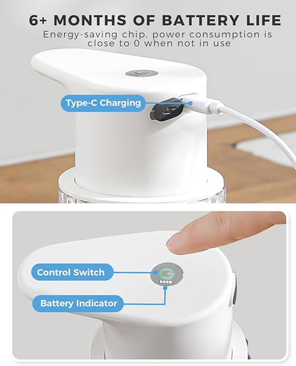 Automatic Foaming Soap Dispenser Touchless, 10oz/300ml Rechargeable, 3 Adjustable Foam Levels, IPX7 Waterproof, for Kitchen Bathroom, White