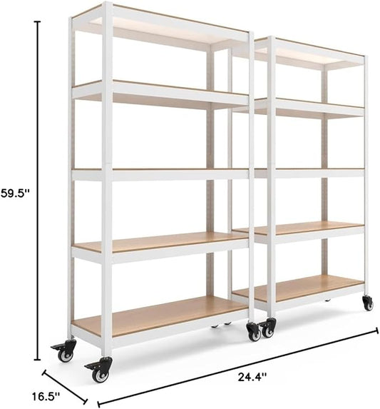 HOMEDANT House 5-Tier Metal Rolling Cart Shelf Rack Casters Heavy Duty Laminated Wheel Shelving Unit Adjustable Utility Storage Shelves Organizer Shelf Kitchen Garage (2, (M) 36.2" W, White)