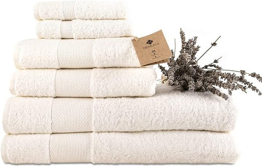Hencely 6-Piece Bath Towel Set - High Absorbency, Quick Drying - 100% Soft Turkish Cotton - 2 Bath Towels, 2 Hand Towels, 2 Washcloths - for Bathroom, Home, Hotel, Spa, and Gym - 6-Pack Ivory